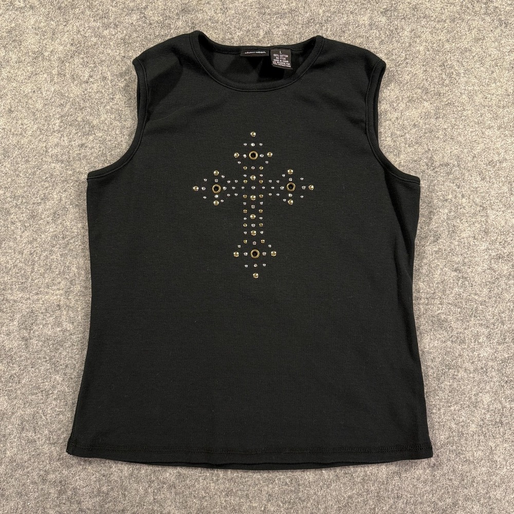 Y2K Xhilaration Tank‎ Top Womens Large Black Studded Cross Gothic Baby Tee